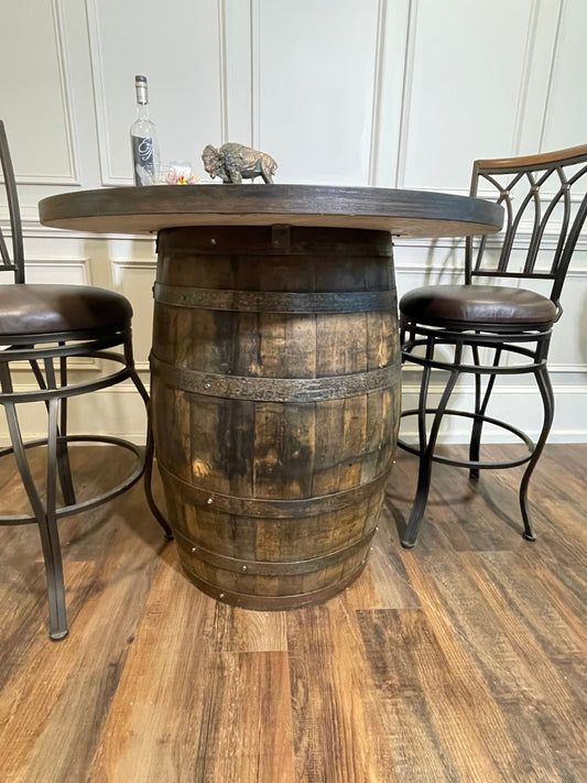 Custom made Bourbon Barrel Bistro/Pub Table Table with glass insert- Custom designed laser engraving available